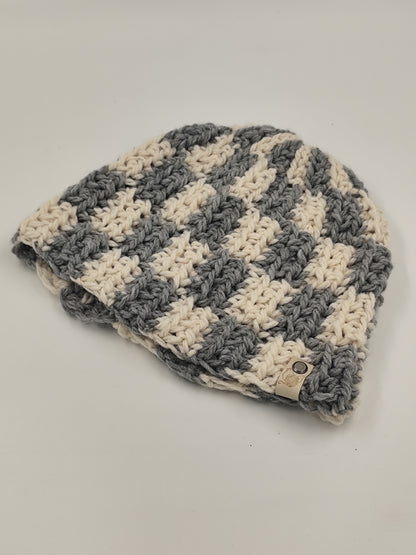 Bonnet crochet fait main Plymouth rock - Gris clair/beige