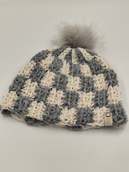 Bonnet crochet fait main Plymouth rock - Gris clair/beige