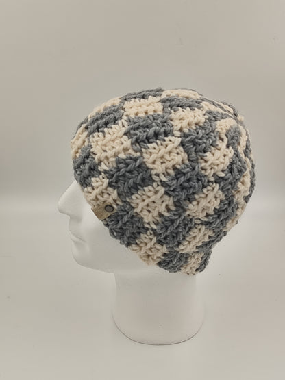 Bonnet crochet fait main Plymouth rock - Gris clair/beige