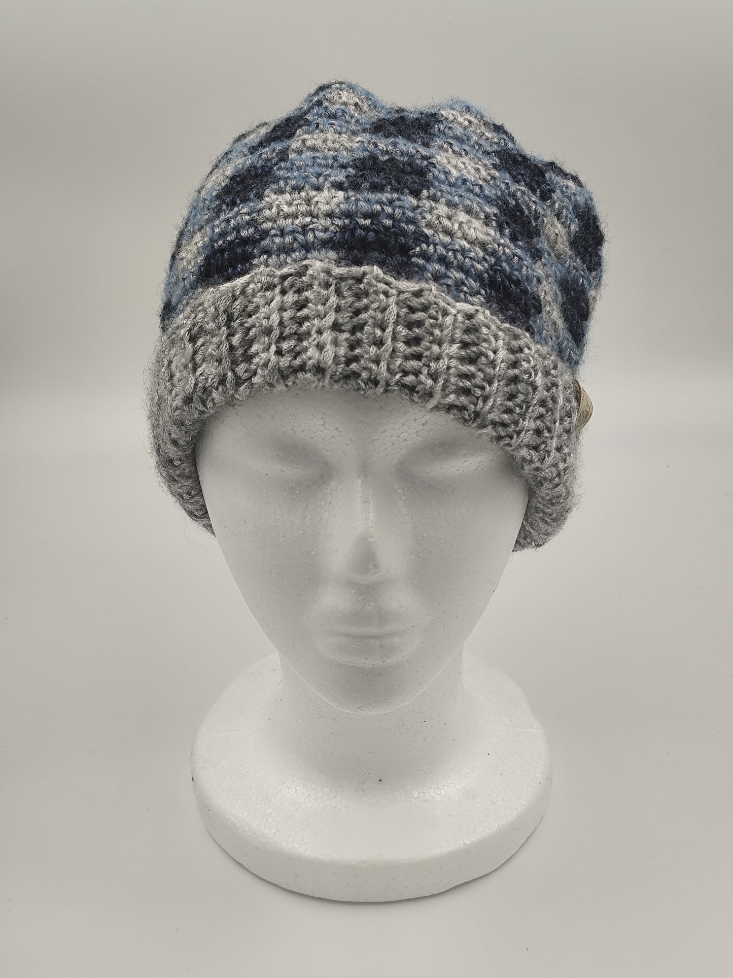 Bonnet crochet fait main Chantecler - Brume polaire/ciel glace/denim crépusculaire