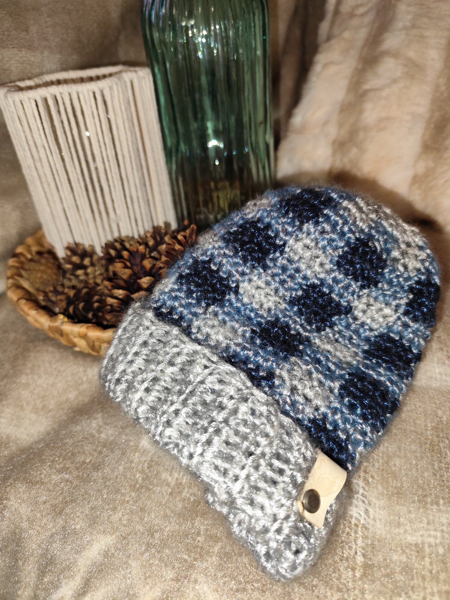Bonnet crochet fait main Chantecler - Brume polaire/ciel glace/denim crépusculaire
