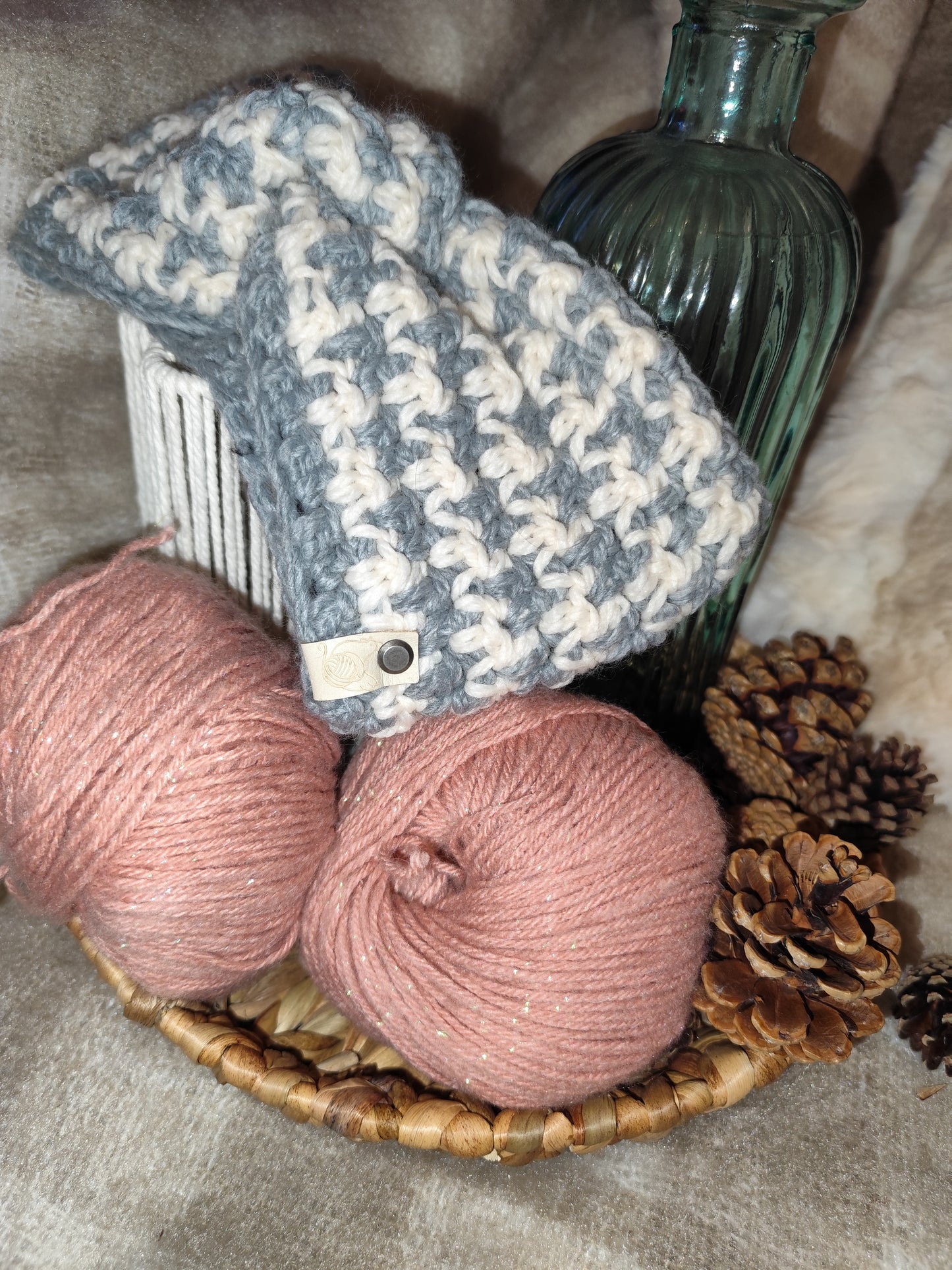 Bandeau crochet fait main Millefleur - Gris clair/beige